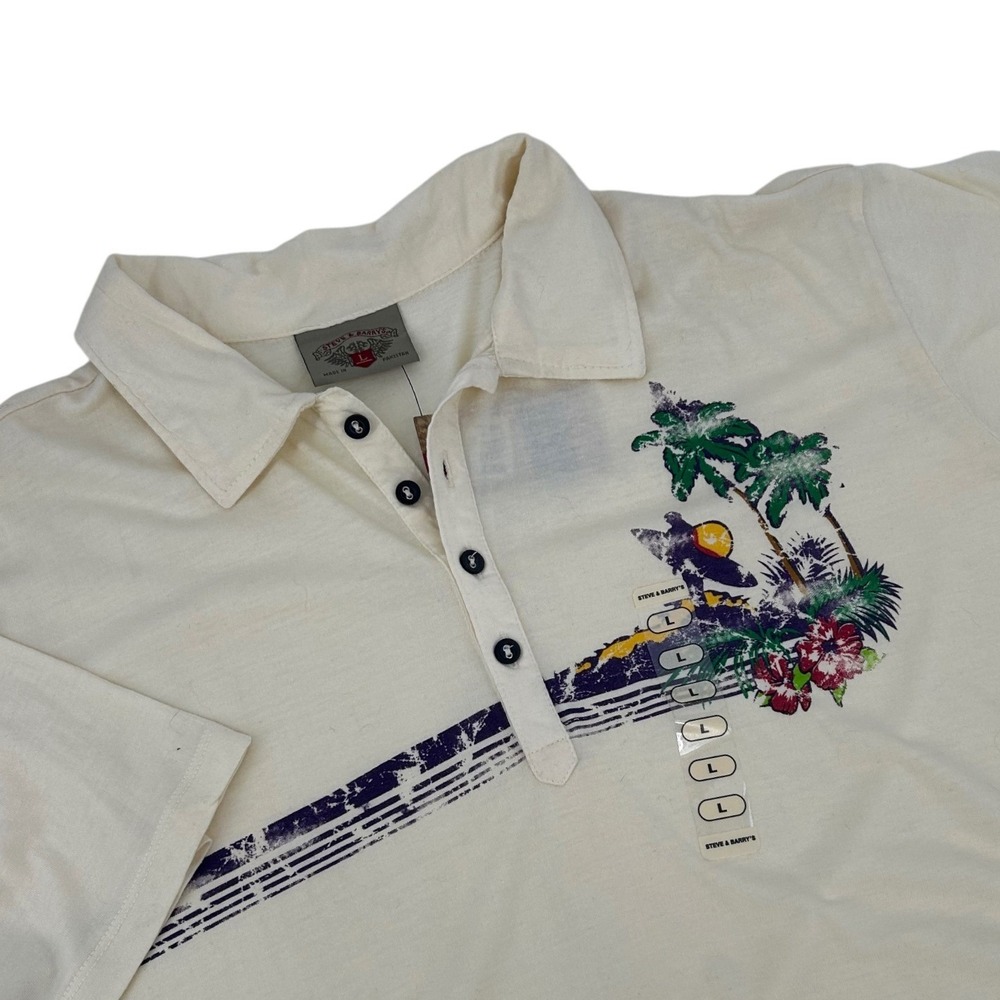 Steve & Barry's Mens Graphic Polo Shirt Large Off White Tropical Palm Tree NWT